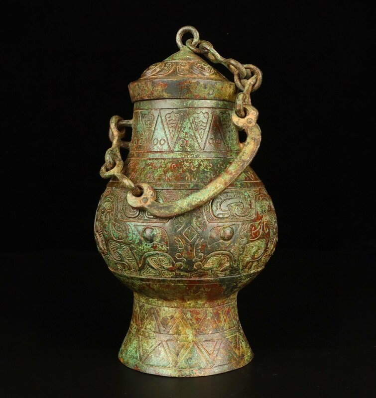◆古寳堂◆西周時期 青銅製 鏈子圓瓶 置物 賞物 極細工 古置物 古擺件 中国古美術 時代物 古董品