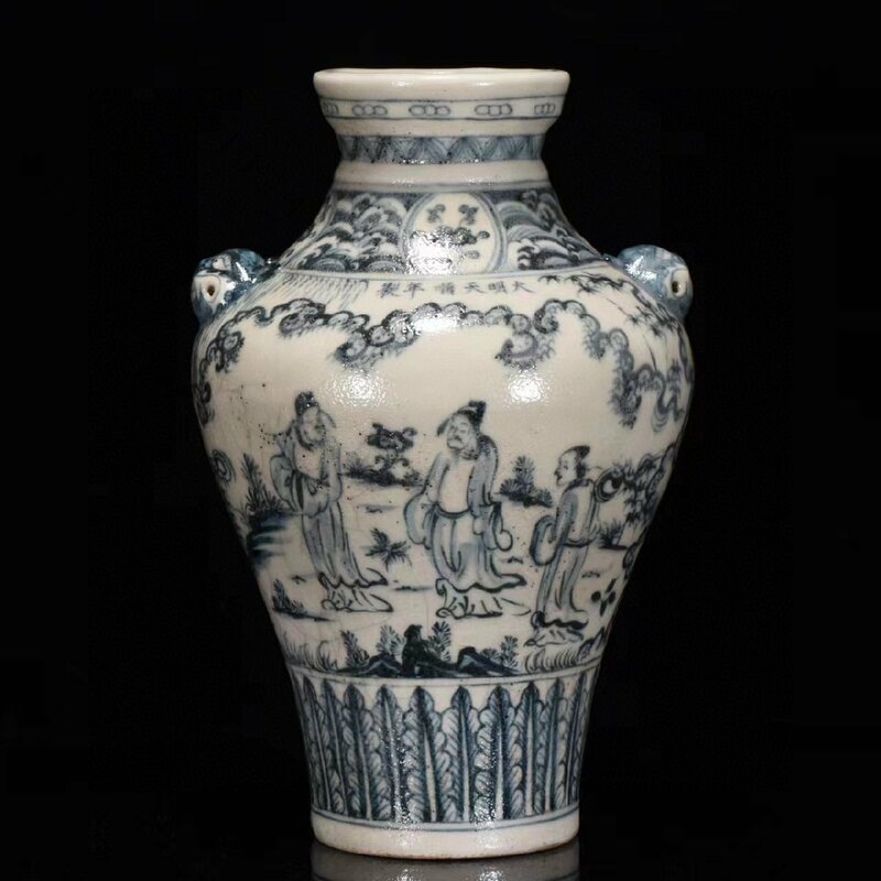 ◆古寳堂◆明 天順年製款 青花 人物紋 虎頭梅瓶 古陶瓷品 極細工 古置物 古擺件 中国古美術 時代物 古董品