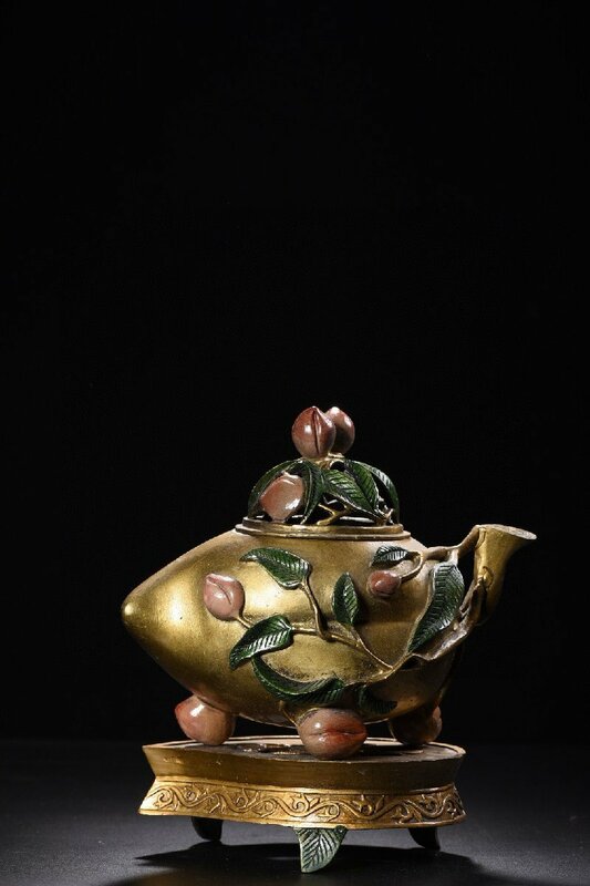 ◆古寳堂◆清 銅製 金鍍 彩繪 寿桃熏香炉 置物 賞物 極細工 古置物 古擺件 中国古美術 時代物 古董品