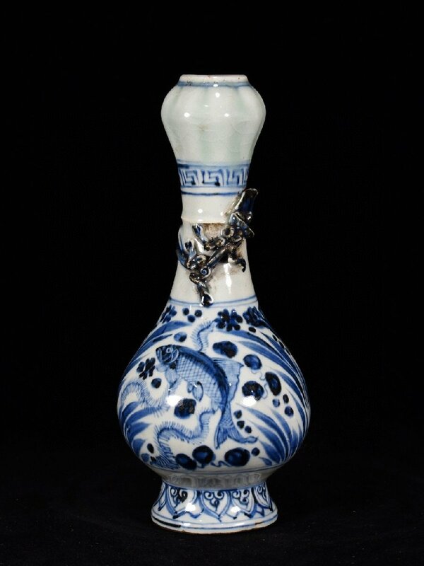 ◆古寳堂◆元 青花 魚藻紋 蒜頭瓶 古陶瓷品 極細工 古置物 古擺件 中国古美術 時代物 古董品