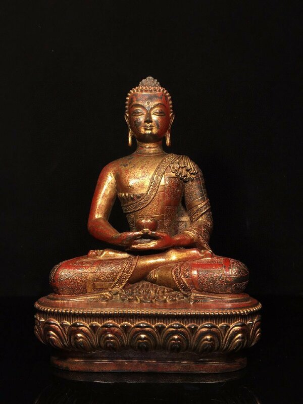 ◆古寳堂◆清 銅製 泥金 釋迦牟尼像 仏教古美術 供養品 極細工 古置物 古擺件 中国古美術 時代物 古董品