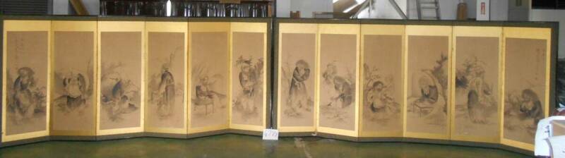 大雅堂4272　江戸期　時代模写　曾我簫白　六曲一双屏風　人物図　室飾り　間仕切り　古美術品　越前蔵うぶだし
