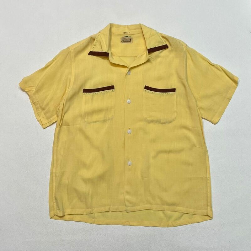 k328 60s ビンテージ distinctive ボーリング オープンカラー シャツ M イエロー 黄色 vintage shirt