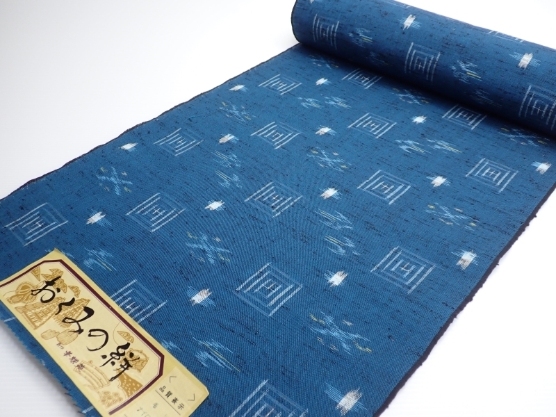 E280　反物/生地 ウール おくみの絣 華蝶苑 藍色 小紋/和装着物/リメイク Japanese Kimono