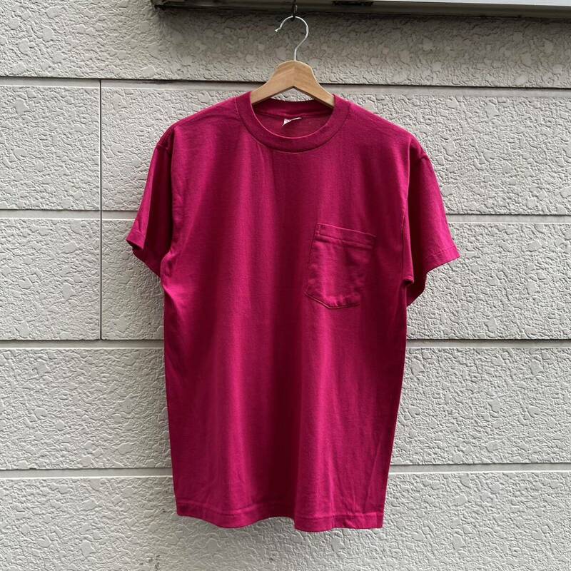 80s USA製 ポケットTシャツ 無地Tシャツ マゼンタ POCKET T-SHIRT 半袖Tシャツ アメリカ製 古着 vintagヴィンテージ 美品 Lサイズ