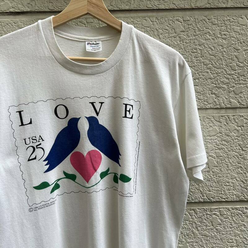 90s USA製 白 プリントTシャツ 半袖Tシャツ Stedman ステッドマン アメリカ製 LOVE スタンプ プリント 古着 vintage ヴィンテージ Lサイズ