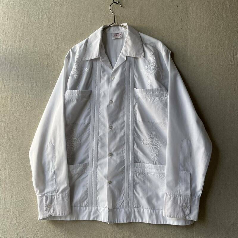 メキシコ製 Vintage キューバ シャツ / 38 ホワイト ポリ コットン オープンカラー ボックス 長袖 ビンテージ USA T4-03015-9574