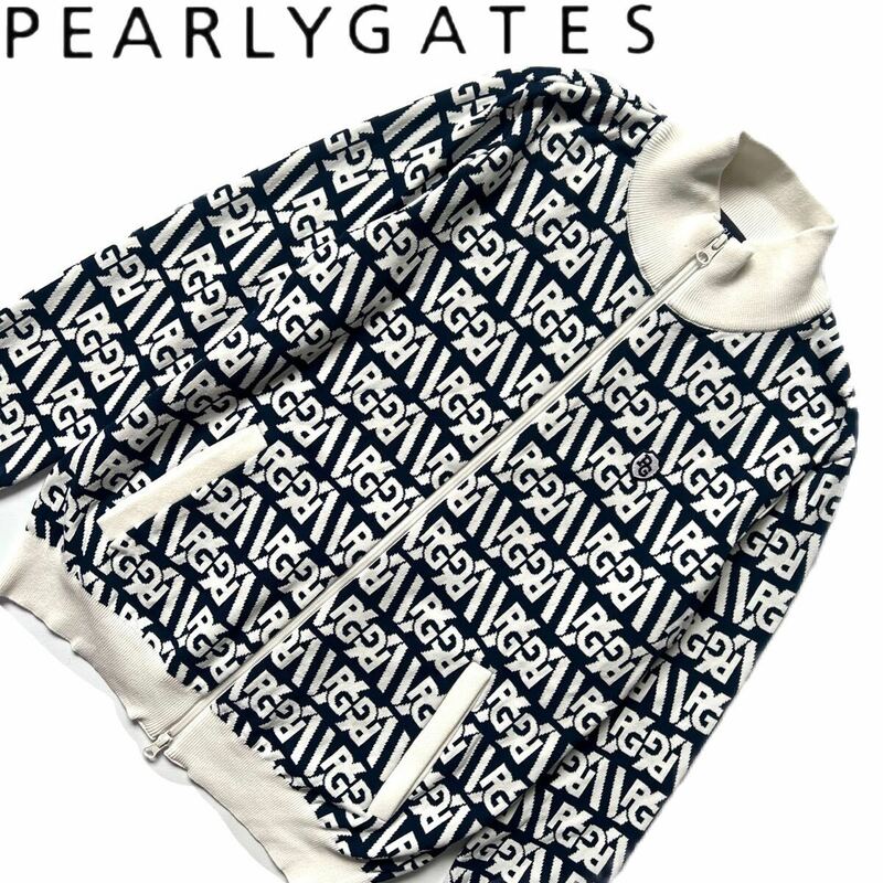 【送料無料】PearlyGates パーリーゲイツ　PGロゴ　ニット　ジャケット　ゴルフ　4 M メンズ　総柄　ジップ　ウェア　ブルゾン 濃紺