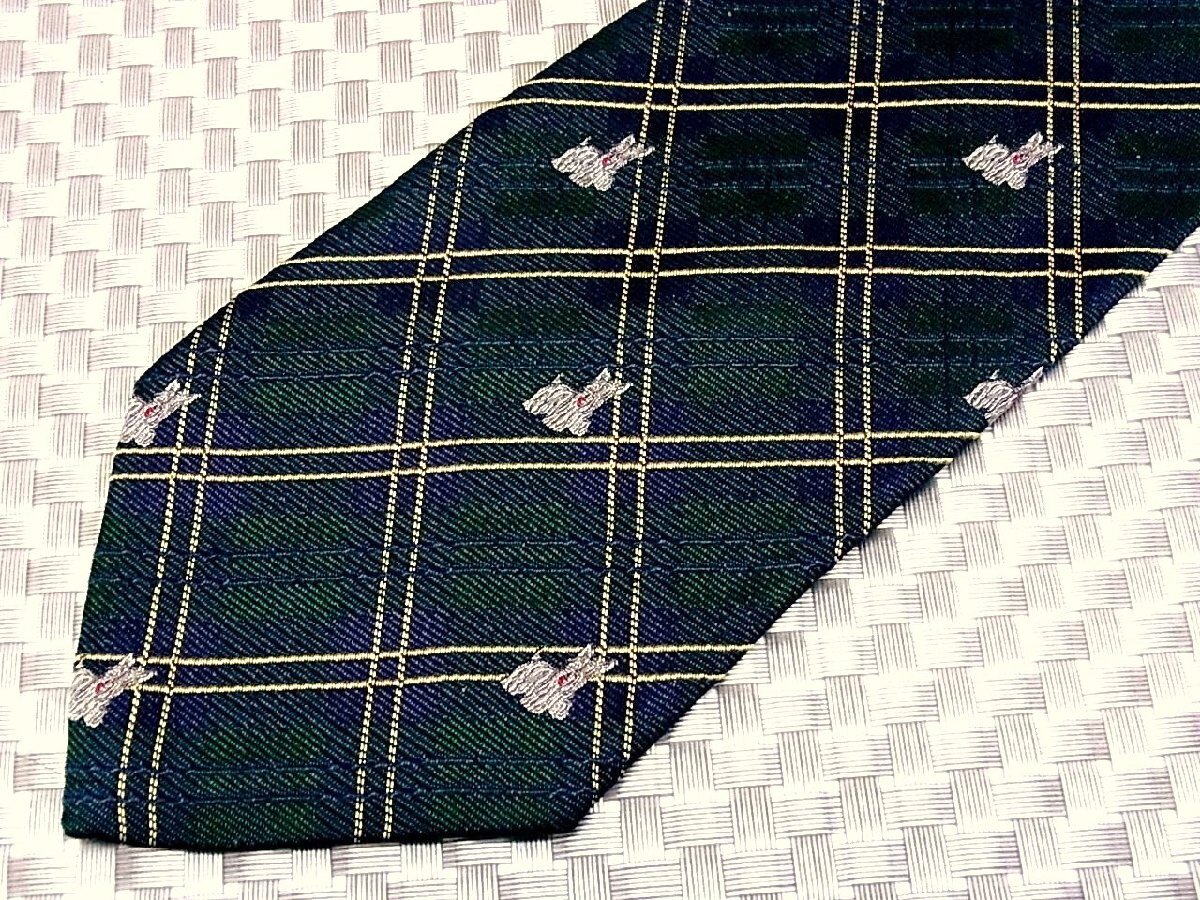 ★RB0036★【刺繍・犬 テリア 動物 チェック 柄】サヴィルロウ【美品】ネクタイ