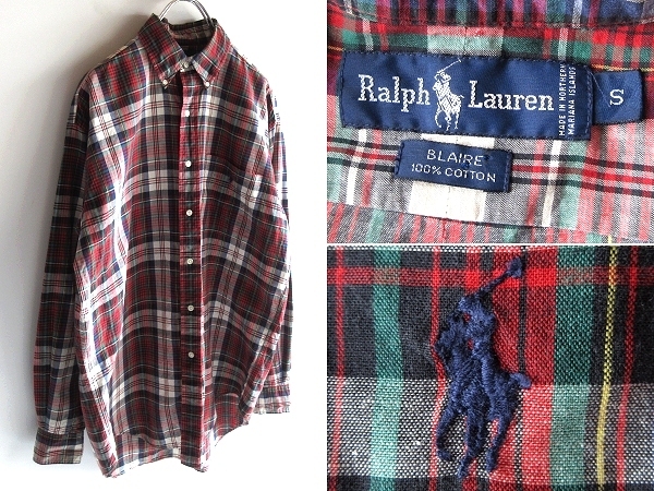 希少 90sビンテージ Ralph Lauren ラルフローレン BLAIRE ポロポニーロゴ刺繍 コットン チェック BDシャツ S レッド グリーン USA企画