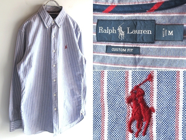 ネコポス可 Ralph Lauren ラルフローレン CUSTOM FIT ポロポニーロゴ刺繍 ストライプオックスフォード BDシャツ M ブルー レッド ホワイト