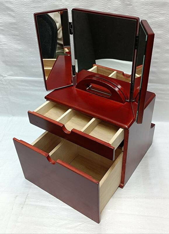 レトロ　収納式三面鏡付木製メイクボックス　鏡縦付
