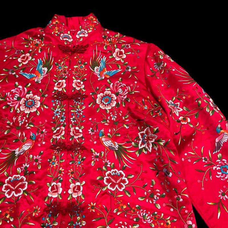 ビンテージ　チャイナ　ジャケット　刺繍　赤　シルク　古着　花　鳥　カラフル