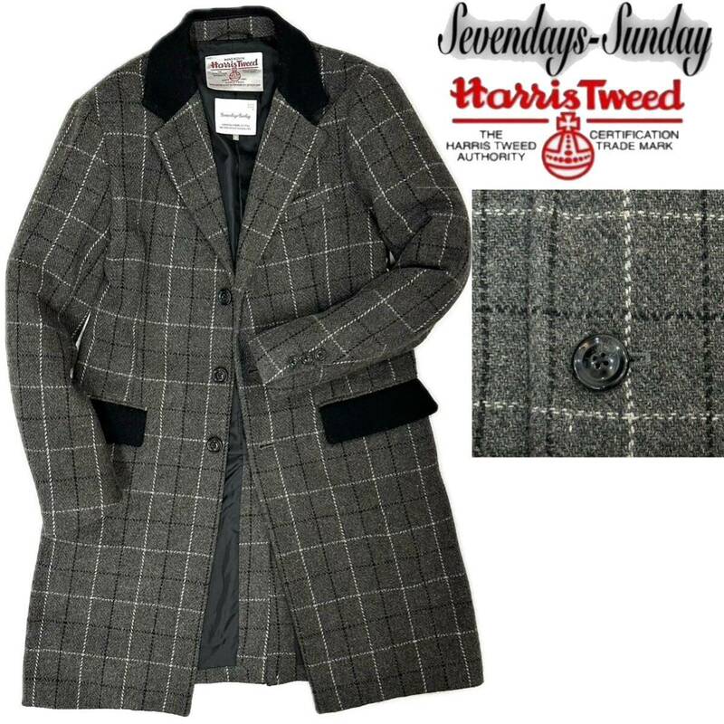 SEVENDAYS=SUNDAY× Harris Tweed ハリスツイード セブンデイズサンデイ ロング チェスターコート(S)チェック柄 グレー メンズ コート