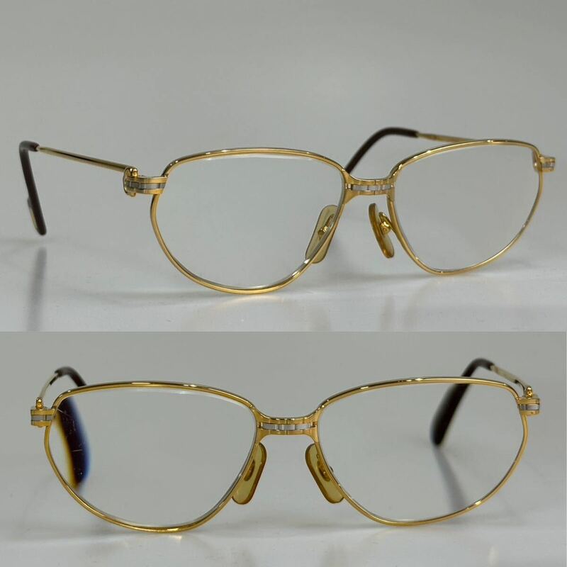 良品 フランス製 Cartier カルティエ55□15 【1482825】ゴールド×シルバーマイヨン パンテール 眼鏡フレーム 度入り メガネ サングラス