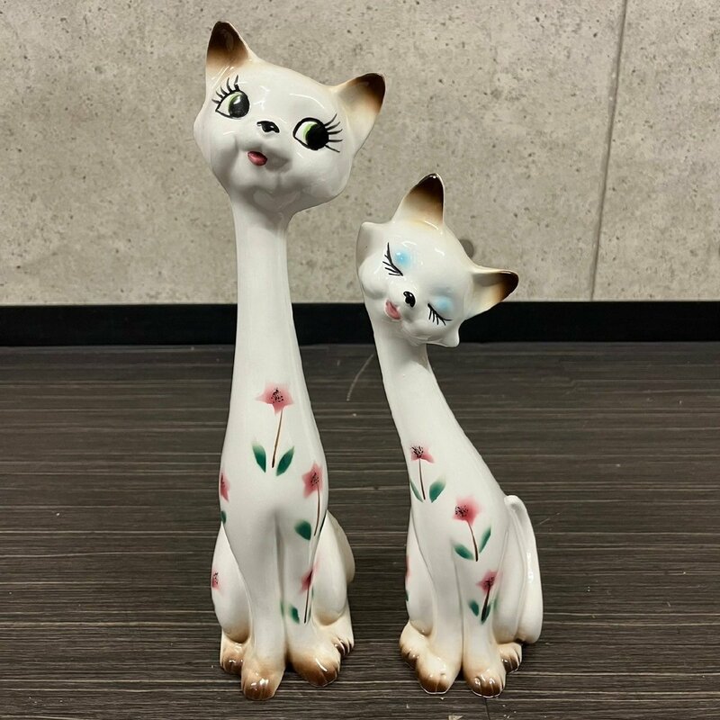 内藤ルネ？ 宇山あゆみ？ 猫 ネコ ねこ 陶器 高さ約36cm/29.5cm 置物 2点セット オブジェ インテリア 昭和レトロ　030706w/T6（100）