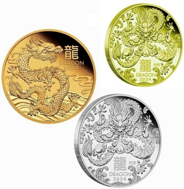 3色セット 18kgp オーストラリア 龍年 辰年 記念 ゴールド シルバー コイン replica 縁起物 高品質 ☆質感 高品質 大人気 格安 送料無料