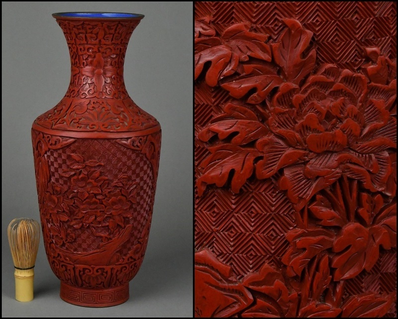 中国美術 唐物 堆朱 内七宝 牡丹唐草図大花瓶 花入 飾壷 古美術品 高さ38.2cm