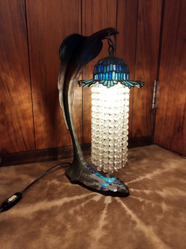 河　アンティーク　ステンドグラス　ランプ　照明　ハンドメイド　トルコ　ラピスラズリ　グースネック　水晶　一点物　作品 スタンド