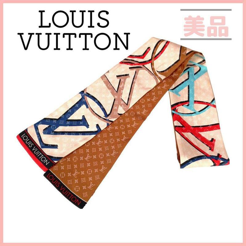 ルイヴィトン LOUIS VUITTON M77319 バンドー・プラネット LV リボンスカーフ ブラウン ベージュ マルチカラー スカーフ