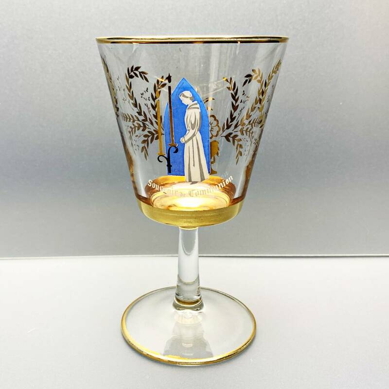 フランス アンティーク ワイン グラス 1客 communion 聖杯 キリスト 教会 礼拝 聖餐 コミュニオン 金彩 20世紀初頭 クリスタル ゴブレット