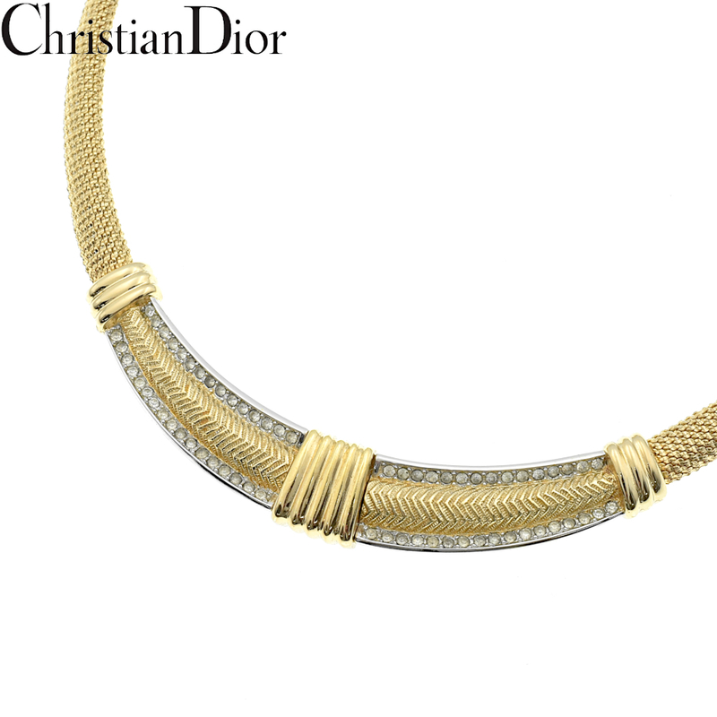 Christian Dior クリスチャンディオール ラインストーン ヴィンテージ ネックレス チョーカー ゴールド×シルバー【A02453】