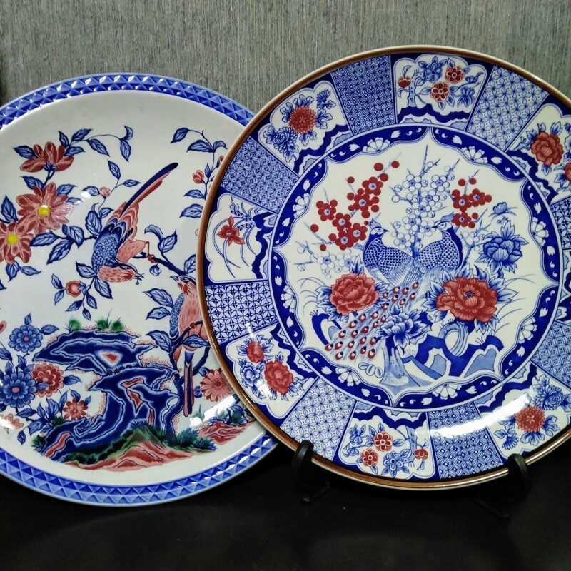 大皿 柄違い2枚セット 38㎝ 花鳥図 色絵 飾皿 陶器 昭和レトロ 送料無料