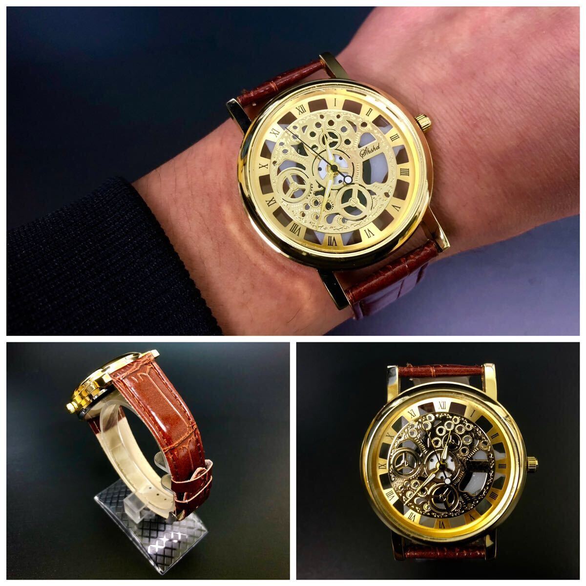 腕時計　時計 ギリシャ文字 レザー　革　アナログ メンズ クォーツ 高品質 レザーベルト ウォッチ　男女兼用　スケルトン ブラウン　2