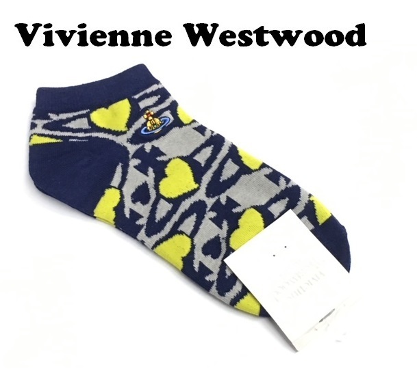 【Vivienne Westwood】(NO.2213）ヴィヴィアンウエストウッド ショートソックス　くるぶし丈　紺系＆ハート　未使用　22.5-24.5cm