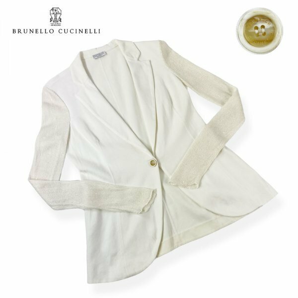 ★美品/透け感★ Brunello Cucinelli ブルネロクチネリ テーラードジャケット 袖ニット切り替え 白 オフホワイト Mサイズ イタリア製