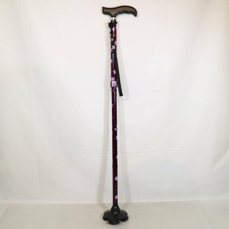折りたたみ式 四つ足 杖 パープル 紫 花柄 長さ５段 調整可能 ステッキ 伸縮杖 軽量 男女 兼用 高齢者 介護 用品 中古