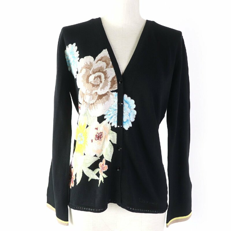 極美品 レオナール ファッション 0397213 シルク混 ビーズ・ラインストーン装飾 花柄 長袖 カーディガン 黒 M 日本製 正規品 レディース