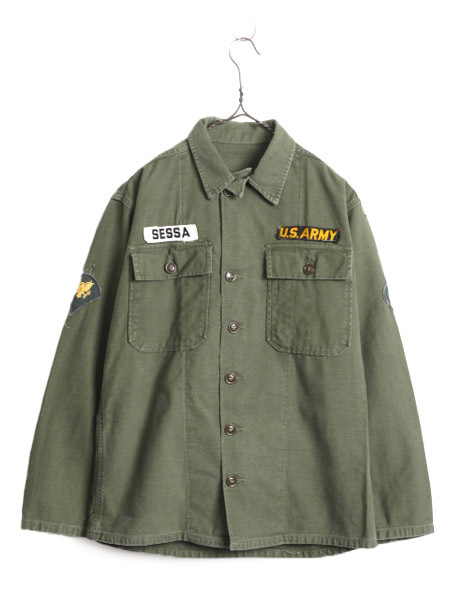 50s 米軍実物 US ARMY コットン サテン ユーティリティ シャツ SMALL 50年代 ヴィンテージ ミリタリー 筒袖 1st 初期 OG107 フルパッチ 緑