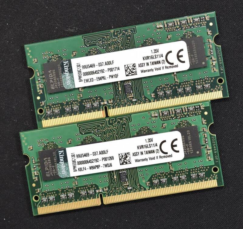 4GB 2枚組 (合計 8GB) PC3L-12800S DDR3-1600 S.O.DIMM 204pin 1Rx8 Kingston キングストン (動作確認済 memtest86+) (管:SB0204 x2s