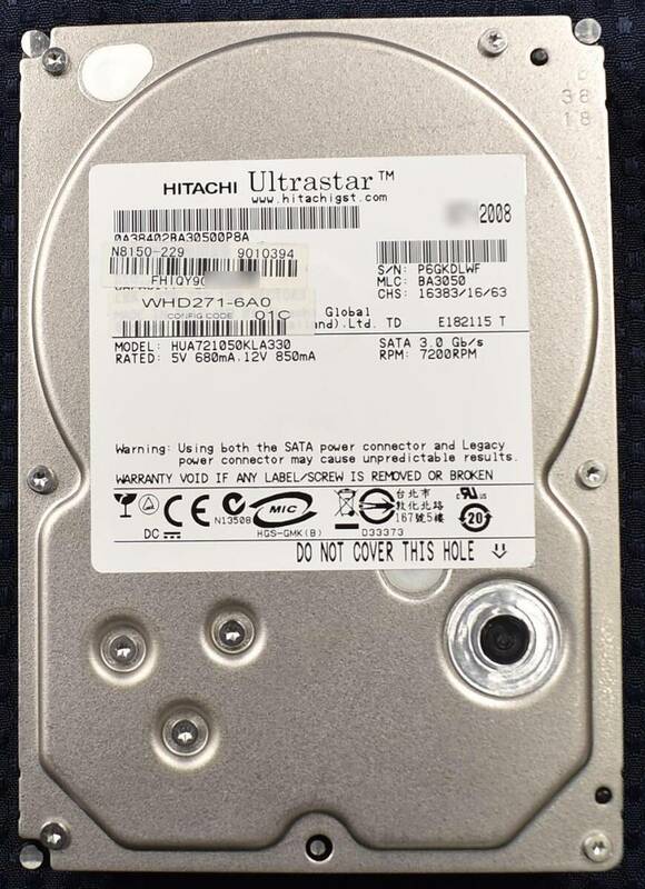 HGST HUA721050KLA330 500GB 7,200rpm SATA HDD 2008年 Cristal DiscInfo 正常 使用時間 120500H (管:SAH12 x3s
