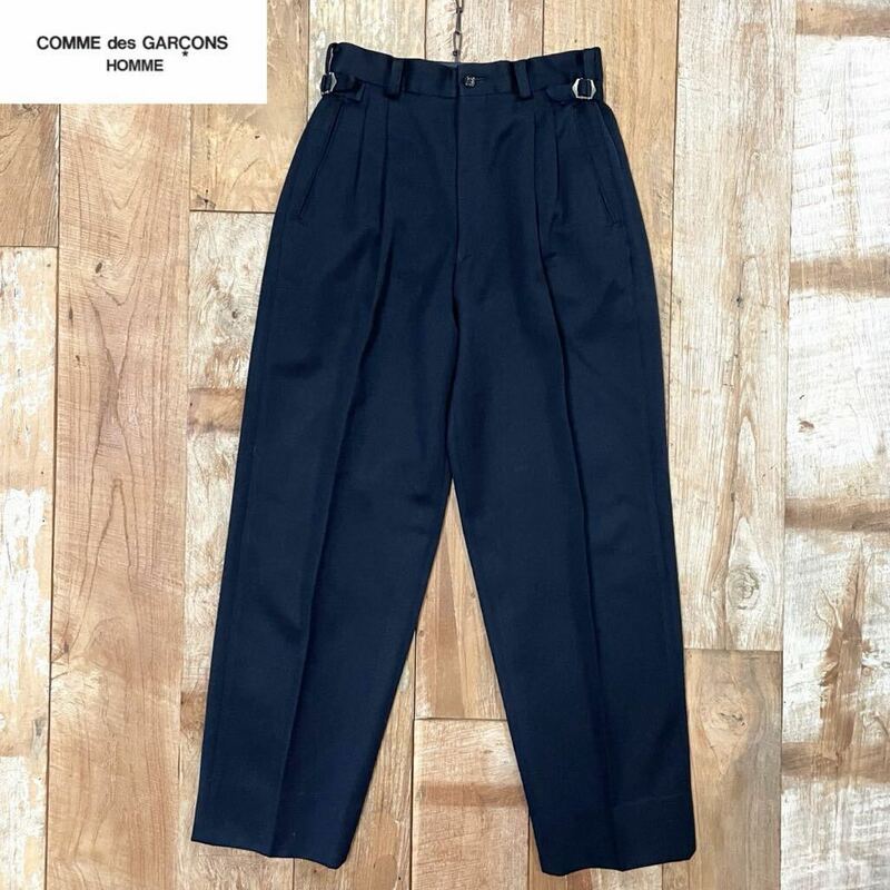 【希少】80s ヴィンテージ COMME des GARCONS HOMME コムデギャルソン 2タック 2プリーツ ウール ワイド スラックス パンツ S ネイビー