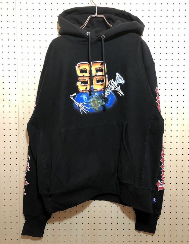 【L】Champion Spaghetti Boys Print Sweat Black チャンピオン スパゲッティ ボーイズ プリント スエット フーディー ブラック 黒 T178