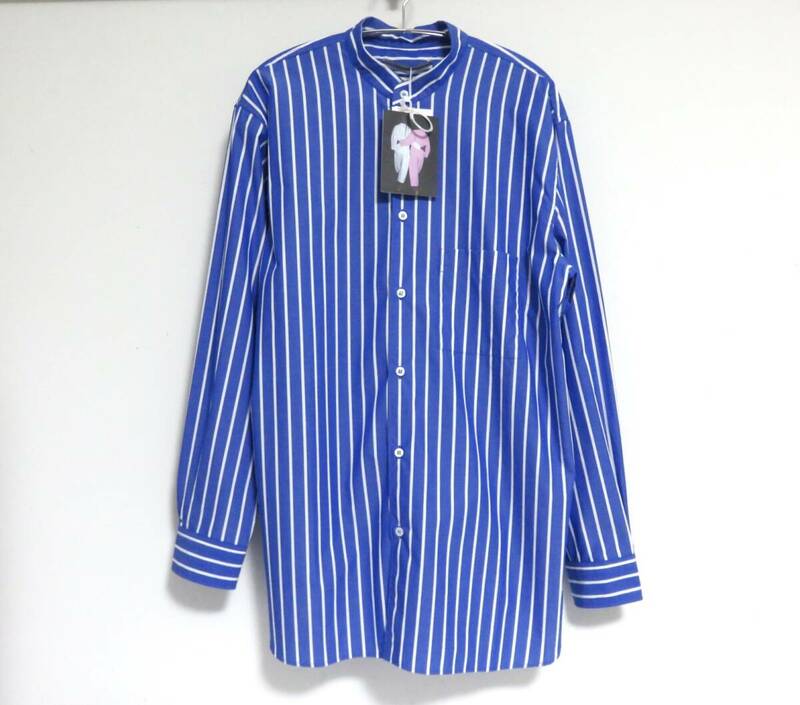 定価7.1万 新品 Cristaseya Cotton Mao Shirt M ストライプ ブルー イタリア製 クリスタ セヤ Crista seya バンドカラー マオカラー シャツ