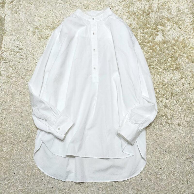 希少 ユカラ YUKARA シアーフリルカラー パールボタンシャツ トップス カットソー ブラウス ホワイト 白 上品 大人素敵 38 Ｍ バンドカラー