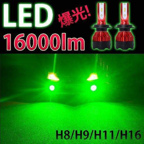 爆光 LEDフォグランプ ライムグリーン グリーンイエロー 16000lm アップル グリーン H8 H9 H11 H16 保証制度 ポン付け 防水 ドレスアップ