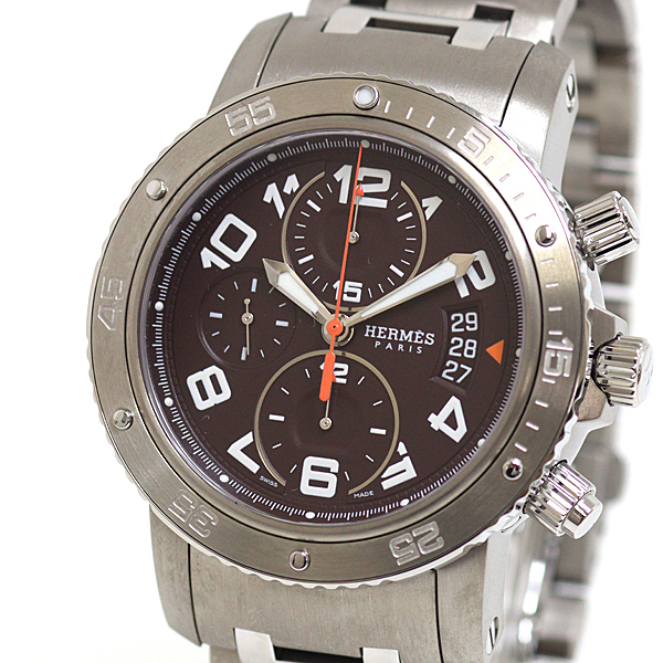HERMES エルメス メンズ腕時計 クリッパー クロノグラフ メカニックダイバーズ CP2.941 ブラウン文字盤【中古】