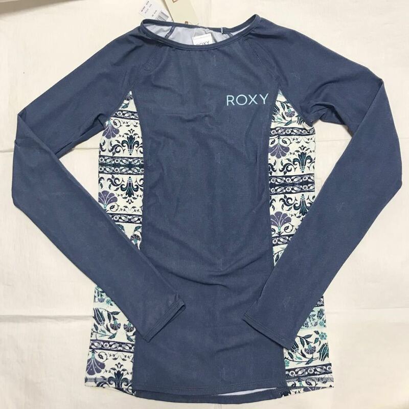 未使用 ロキシー Roxy ラッシュガード 長袖 レディース XS ブルー デニム風 ロゴ 海水浴 日焼け防止 サーフィン 水着 海外