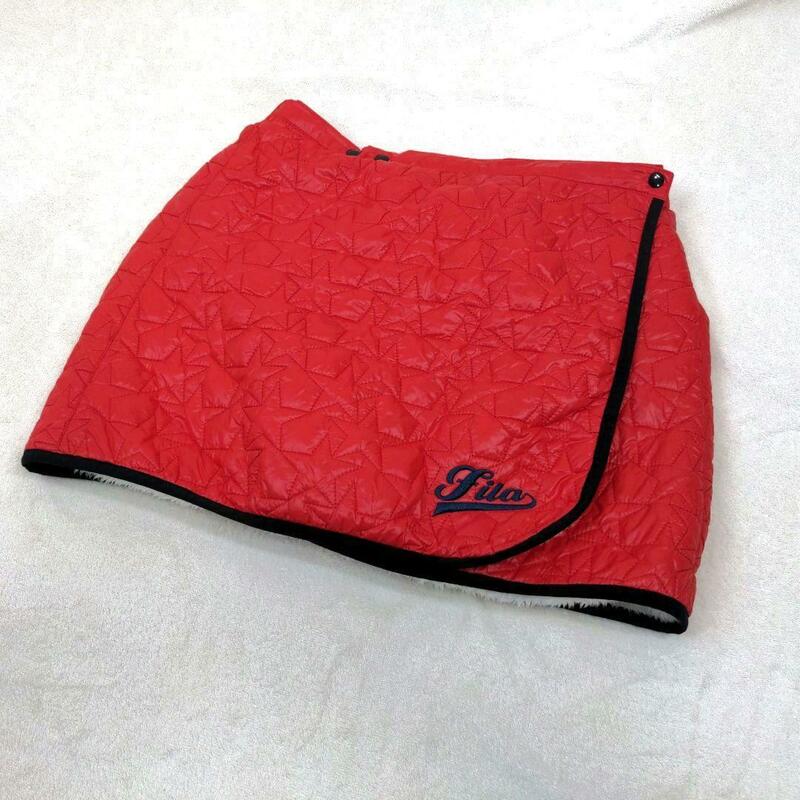 【FILA】巻きスカート　ゴルフウェア　ラップスカート　赤　中綿　キルティング　ワンポイント　裏起毛　ボア　フリー　大きいサイズ