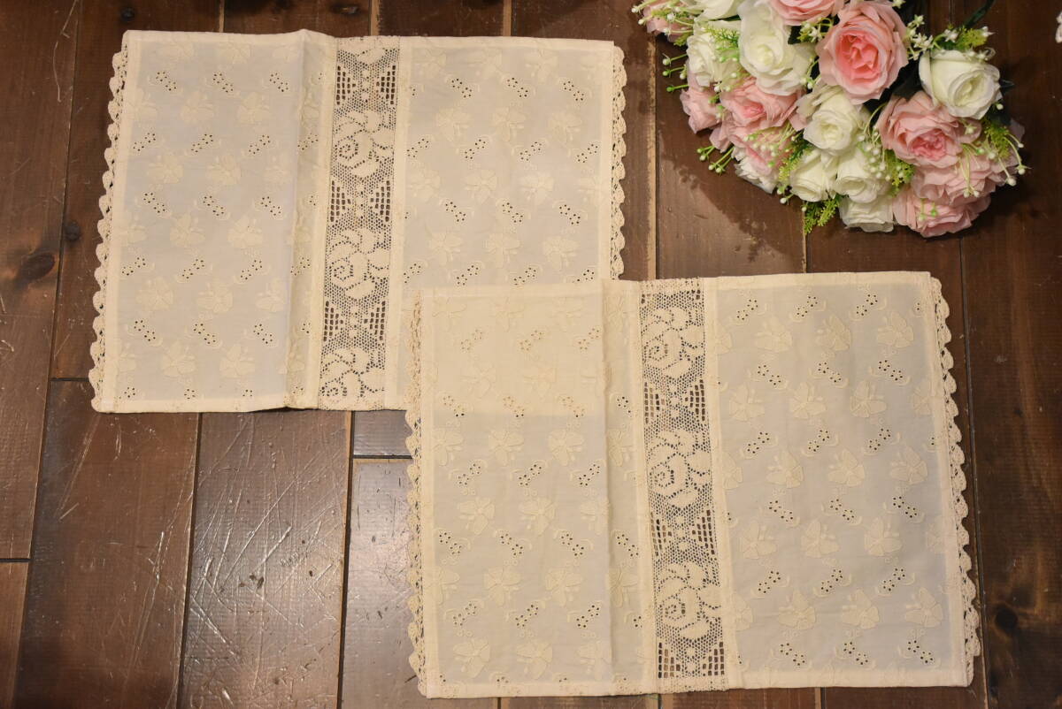 M-AK1-2*条件付き送料無料も有!36×48*コットンレース*Lサイズ*レクト*マット*２枚セット*ちょうちょ*バラ*テーブルセンター