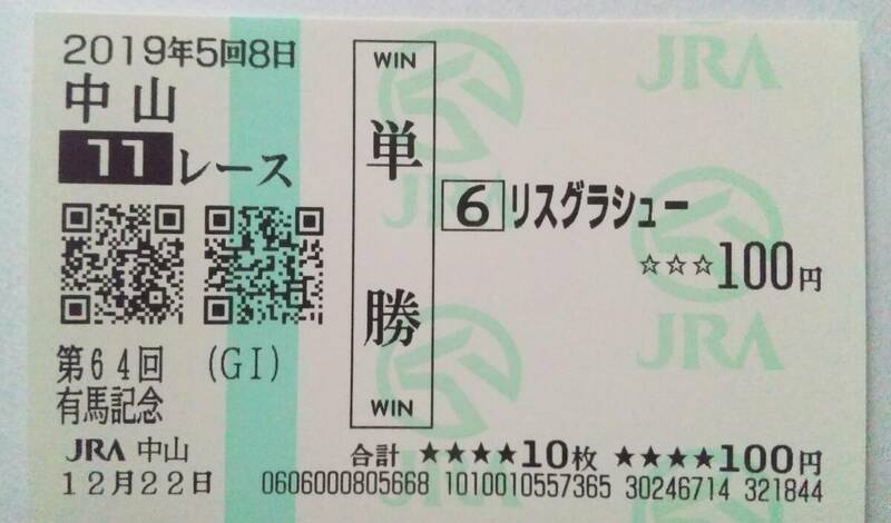 19年　有馬記念　リスグラシュー　現地的中