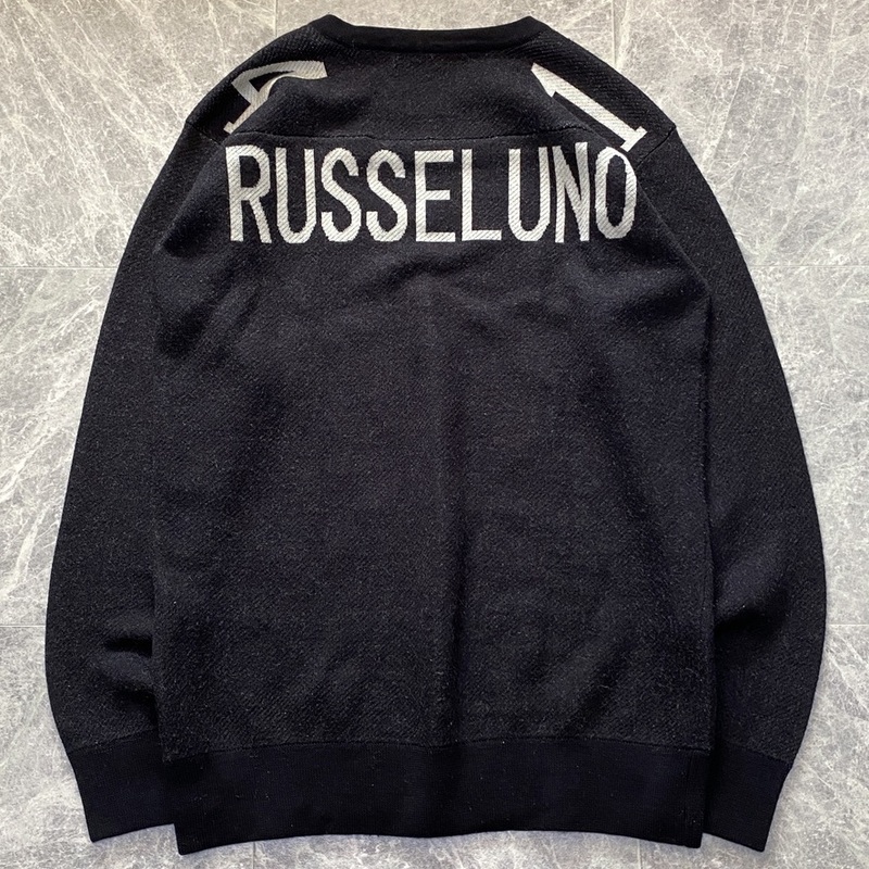 美品 Russeluno ラッセルノ クルーネック ニット セーター トップス メンズ 4 黒 ブラック バックロゴ アニマル ウルフ ゴルフウェア C294