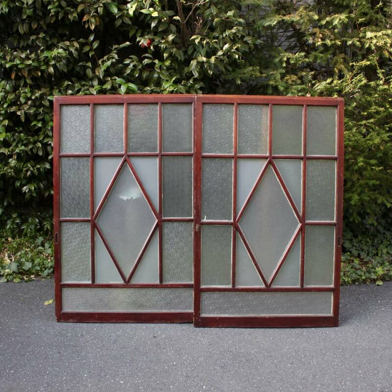 古材 引戸 ２枚セット すりガラス 建材 建具 昭和初期 昭和レトロ（管理ID：506）
