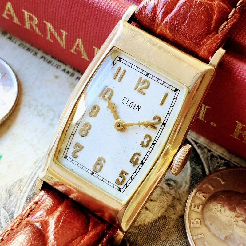 #2963【お洒落な高級感】メンズ 腕時計 機械式 手巻き エルジン 稼働品 ELGIN 金張り ゴールドフィルド 1937年 動作品 トノー型 スクエアー