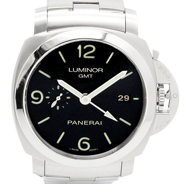 パネライ PANERAI ルミノール1950 3DAYS GMT パワーリザーブ PAM00329 ブラック文字盤 SS メンズ腕時計 自動巻き 44mm シースルーバック