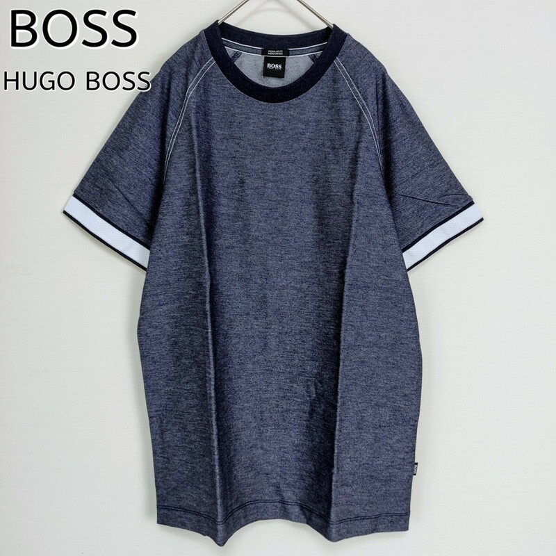 【美品】HUGO BOSS ヒューゴボス☆リンガーTシャツ/カットソー　ネイビー　デニム柄　バイカラー　袖ライン　半袖　クルーネック　コットン